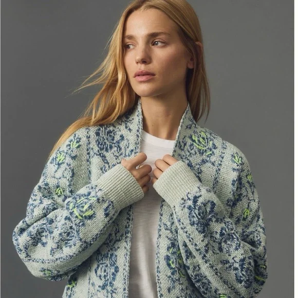 Anthropologie Blue and Green Patterned cardigan - Picture 1 of 7